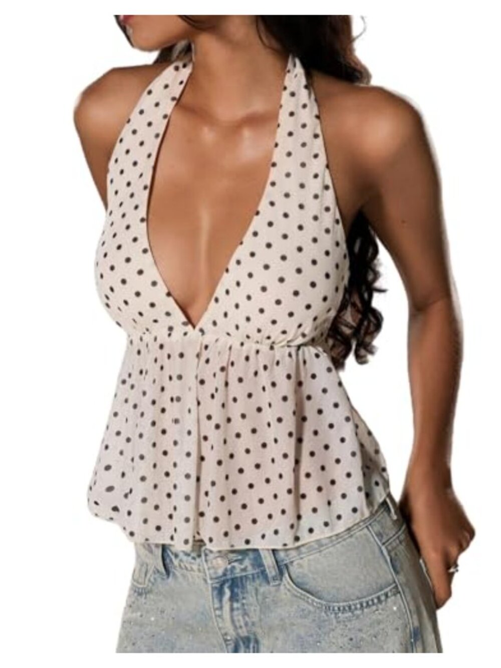 Y2K Polka Dot Tie Back Halter Crop Top Ruffle Hem
